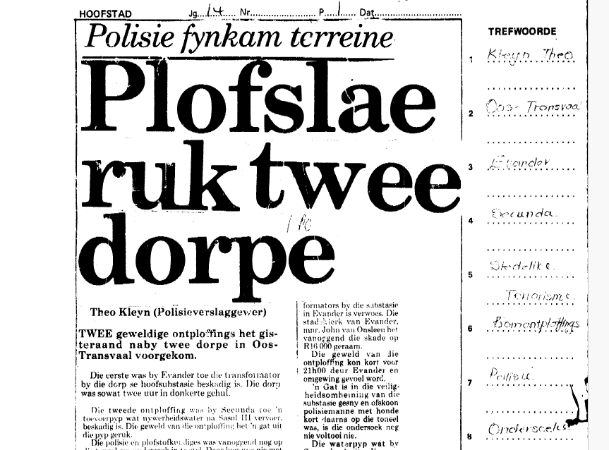 Plofslae ruk twee dorpe, Theo Kleyn, Hoofstad, 22 October 1982